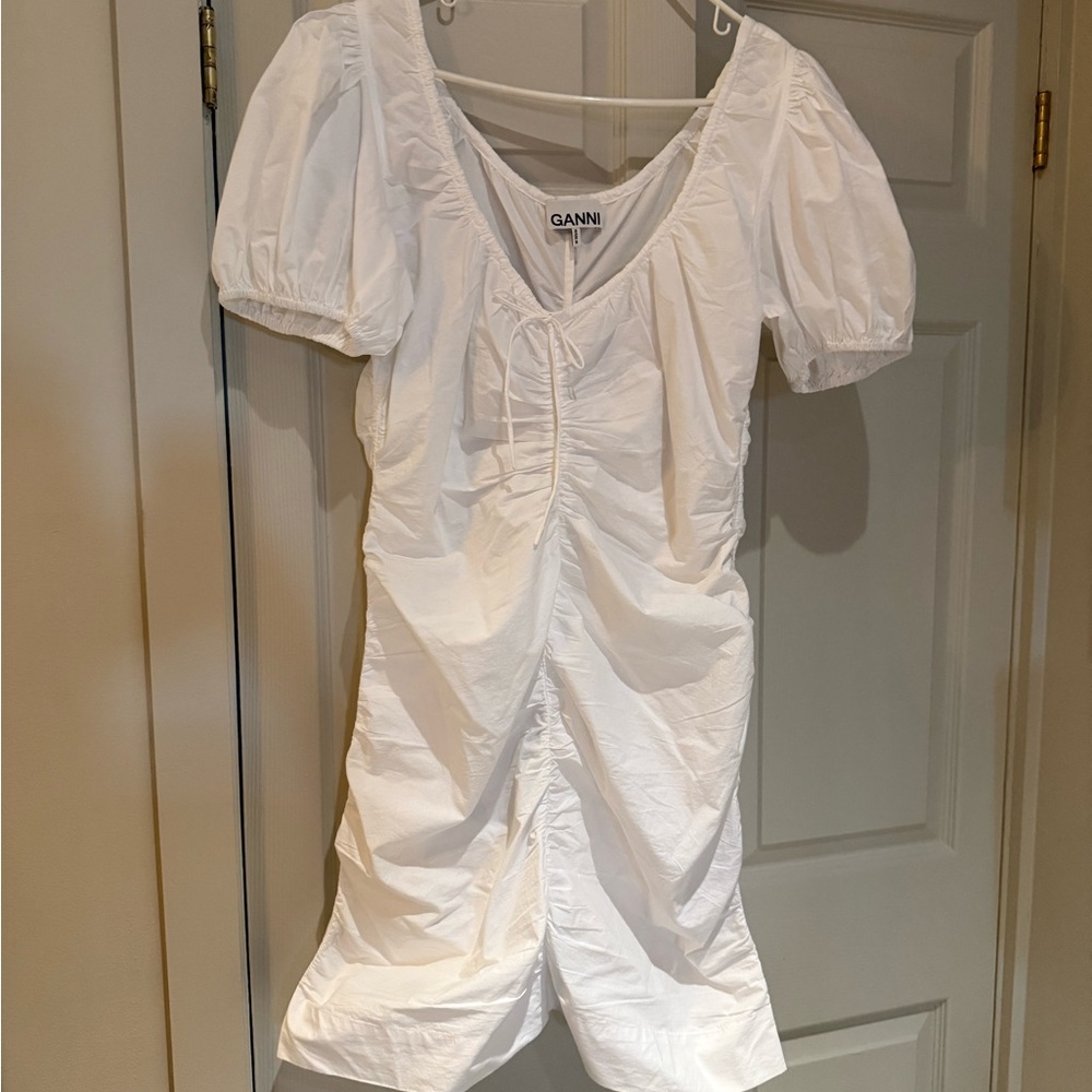 Ganni White Mini Dress with Puff Sleeves